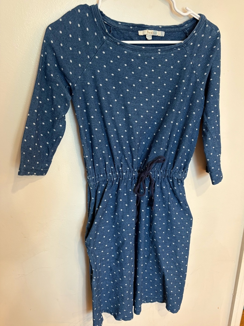 Boden Navy Blue Polka Dot Cotton Drawstring-Waist Long Sleeve Dress size 2